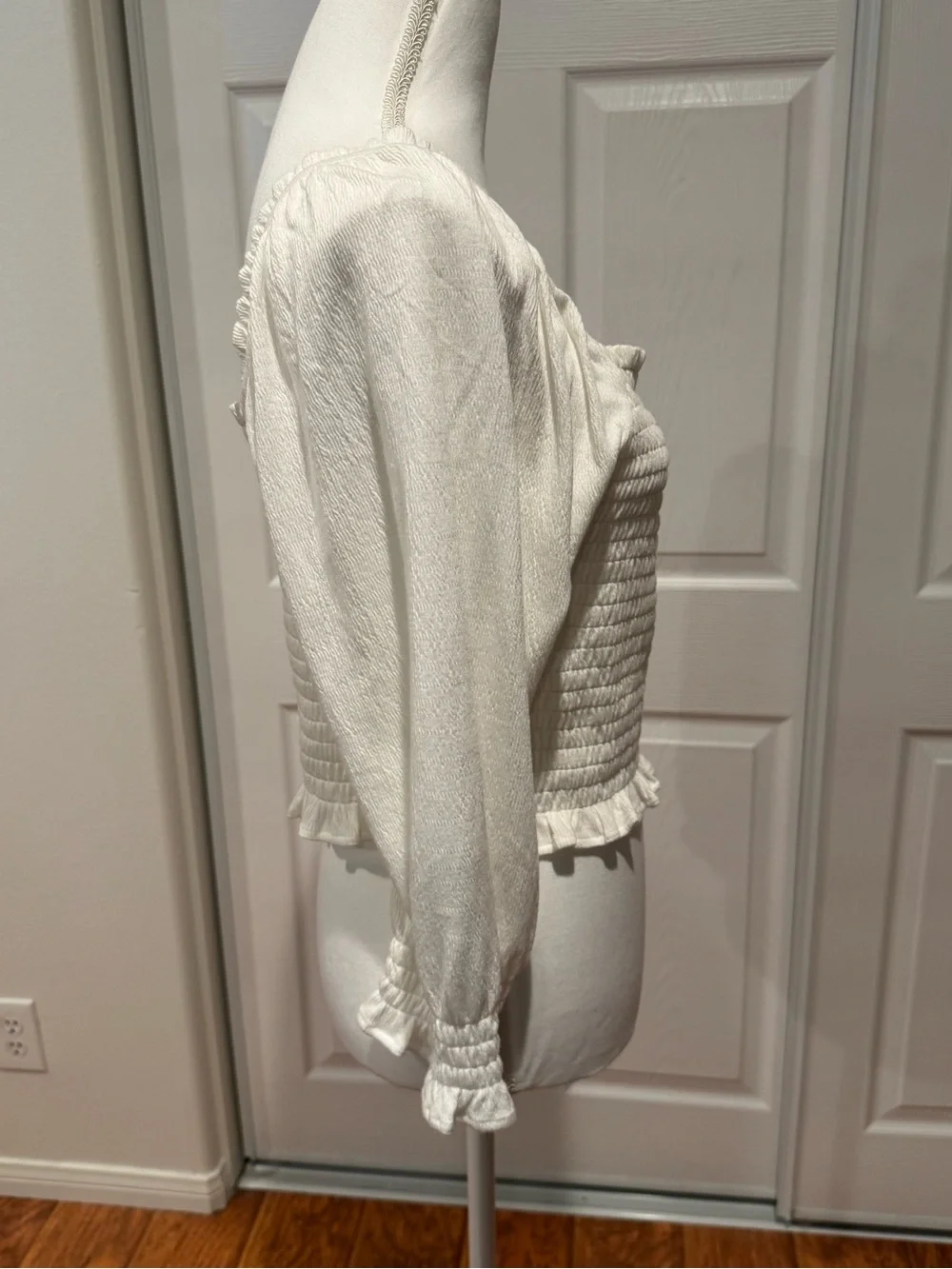 Free People Cream Smocked Square-Neck Ruffle Blouse